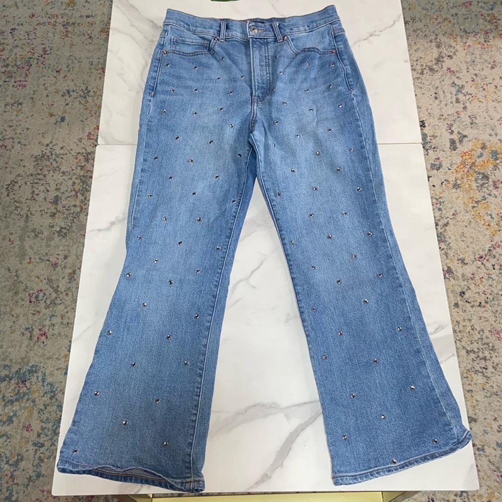 Express Women Jeans Blue Rhinestone Cropped Flare High Rise Denim Size 6